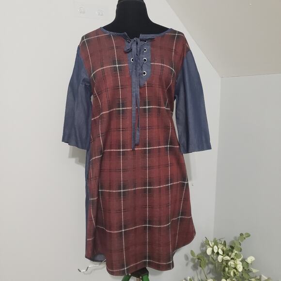 Plaid and Chambray Half Sleeve Grommet Placket Shirt Tail Hem Boho Tunic Dress - Picture 5 of 12